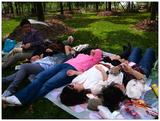 躺在地上。在笑什么呢。